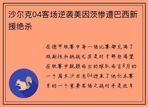 沙尔克04客场逆袭美因茨惨遭巴西新援绝杀