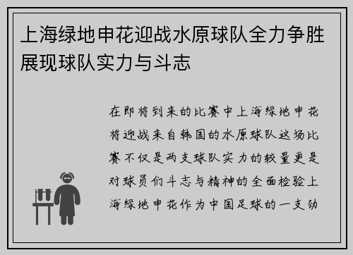 上海绿地申花迎战水原球队全力争胜展现球队实力与斗志