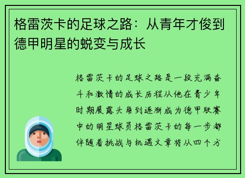 格雷茨卡的足球之路：从青年才俊到德甲明星的蜕变与成长