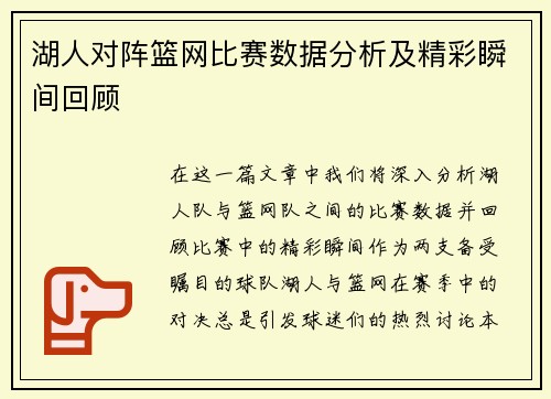 湖人对阵篮网比赛数据分析及精彩瞬间回顾