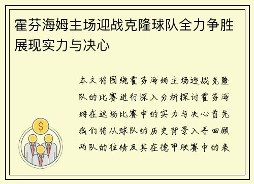 霍芬海姆主场迎战克隆球队全力争胜展现实力与决心