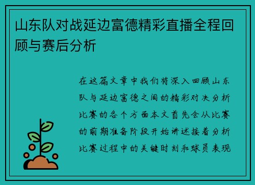 山东队对战延边富德精彩直播全程回顾与赛后分析