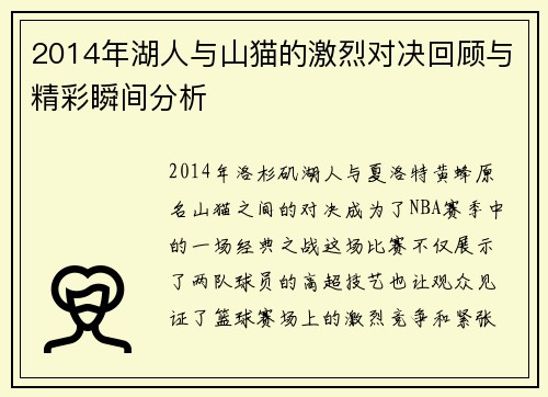 2014年湖人与山猫的激烈对决回顾与精彩瞬间分析