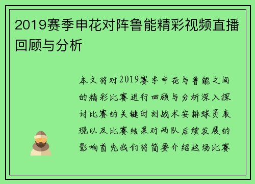 2019赛季申花对阵鲁能精彩视频直播回顾与分析
