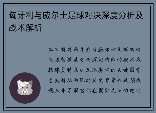 匈牙利与威尔士足球对决深度分析及战术解析
