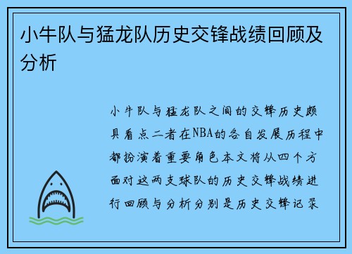 小牛队与猛龙队历史交锋战绩回顾及分析