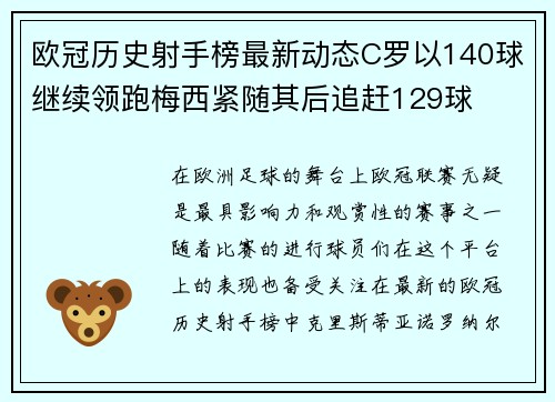 欧冠历史射手榜最新动态C罗以140球继续领跑梅西紧随其后追赶129球
