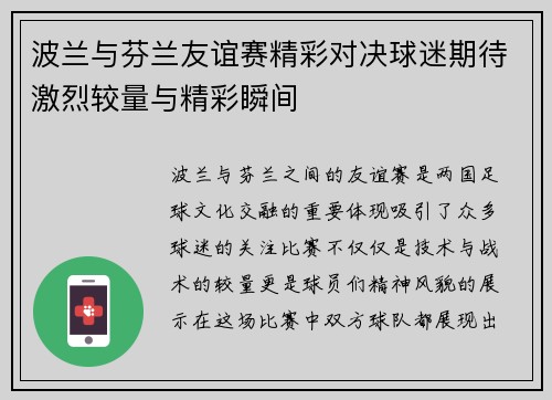 波兰与芬兰友谊赛精彩对决球迷期待激烈较量与精彩瞬间