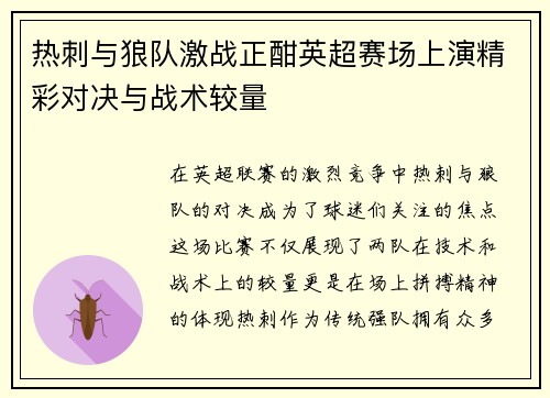 热刺与狼队激战正酣英超赛场上演精彩对决与战术较量