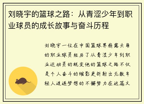 刘晓宇的篮球之路：从青涩少年到职业球员的成长故事与奋斗历程