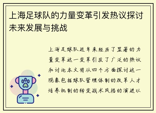上海足球队的力量变革引发热议探讨未来发展与挑战