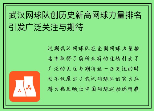 武汉网球队创历史新高网球力量排名引发广泛关注与期待
