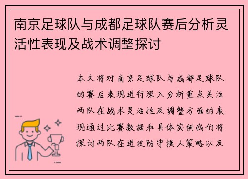 南京足球队与成都足球队赛后分析灵活性表现及战术调整探讨