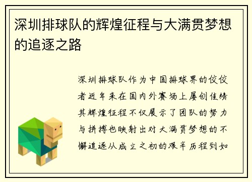 深圳排球队的辉煌征程与大满贯梦想的追逐之路