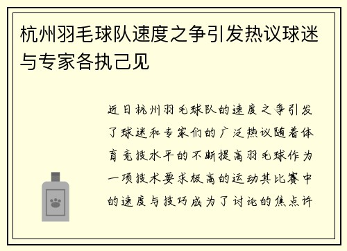 杭州羽毛球队速度之争引发热议球迷与专家各执己见