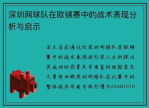 深圳网球队在欧锦赛中的战术表现分析与启示