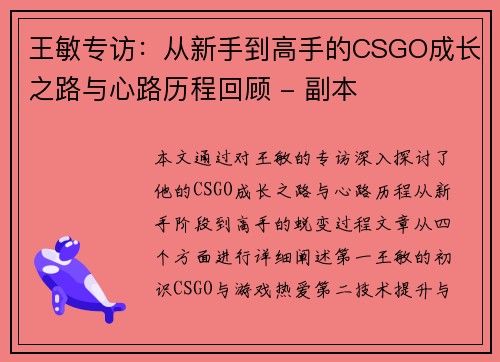 王敏专访：从新手到高手的CSGO成长之路与心路历程回顾 - 副本